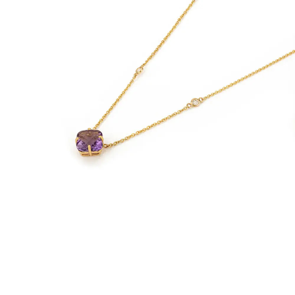 Clover Shape Amethyst & Round Cut Diamond Minimal Stacking Pendant Necklace K14 Gold