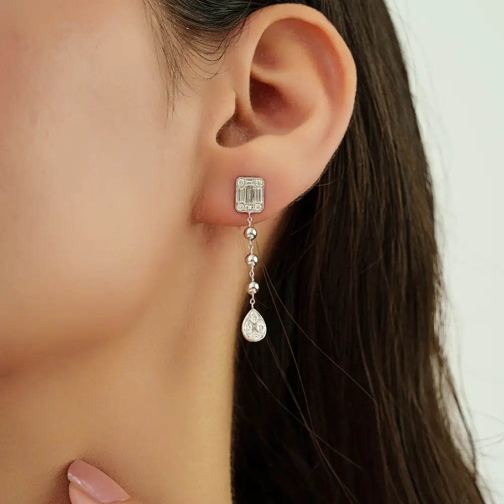 New Style Mixed Cut Diamond Dangle Earrings Real K14 White Gold Sparking Bulk Jewelry