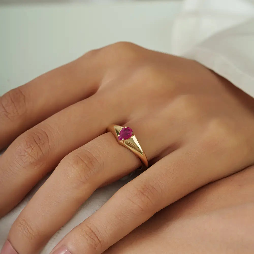 4x6 mm Pear Cut Ruby Gemstone Chunky Ring 14K Yellow Gold Anniversary Gift Jewelry