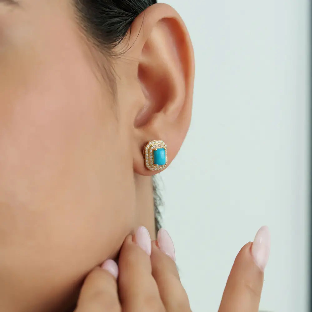 14K Yellow Gold Turquoise & Diamond Double Cluster Stud Earrings For Women Fine Jewelry