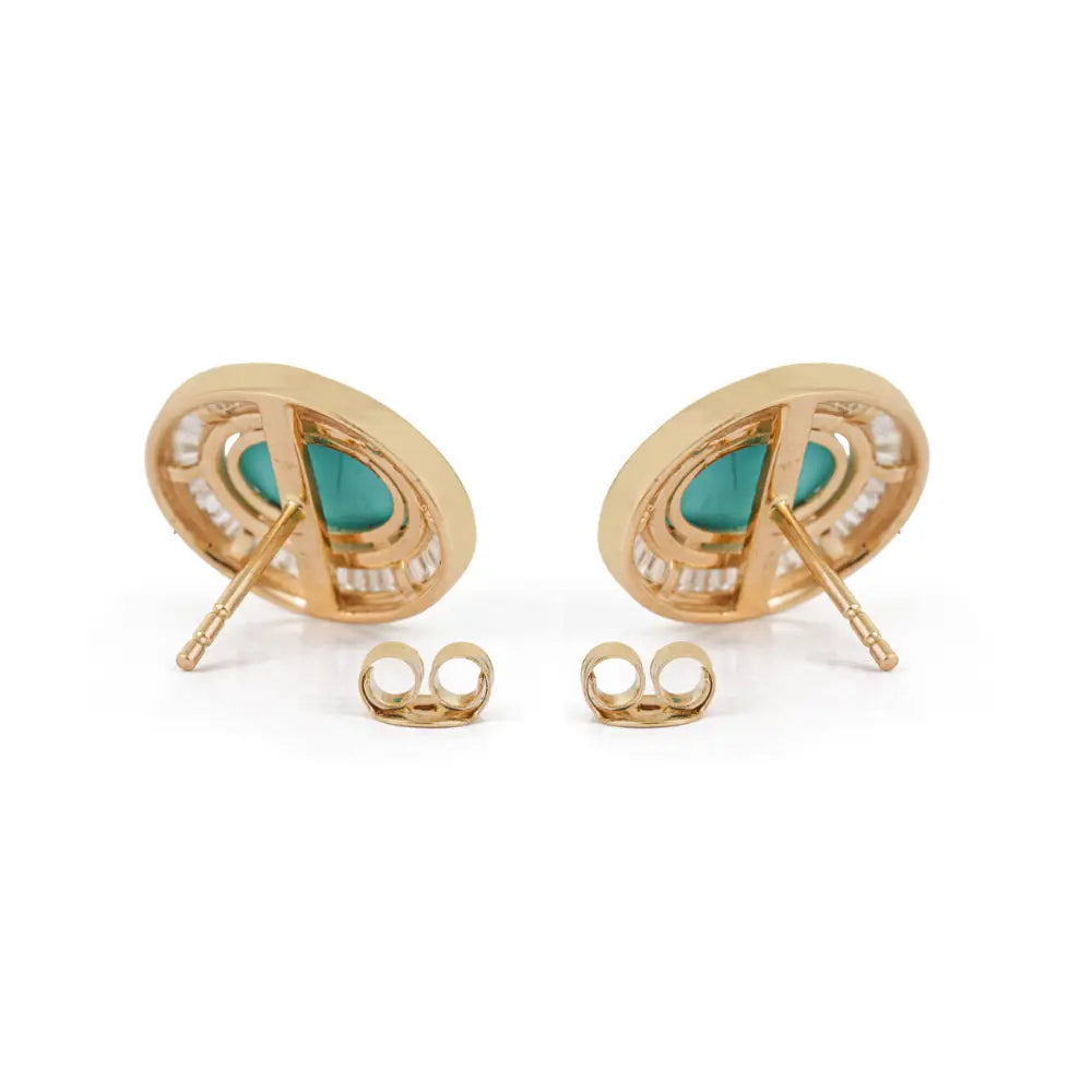 Best Seller 14K Real Yellow Gold Turquoise & Diamond Halo Stud Earrings Fine Bulk Jewelry