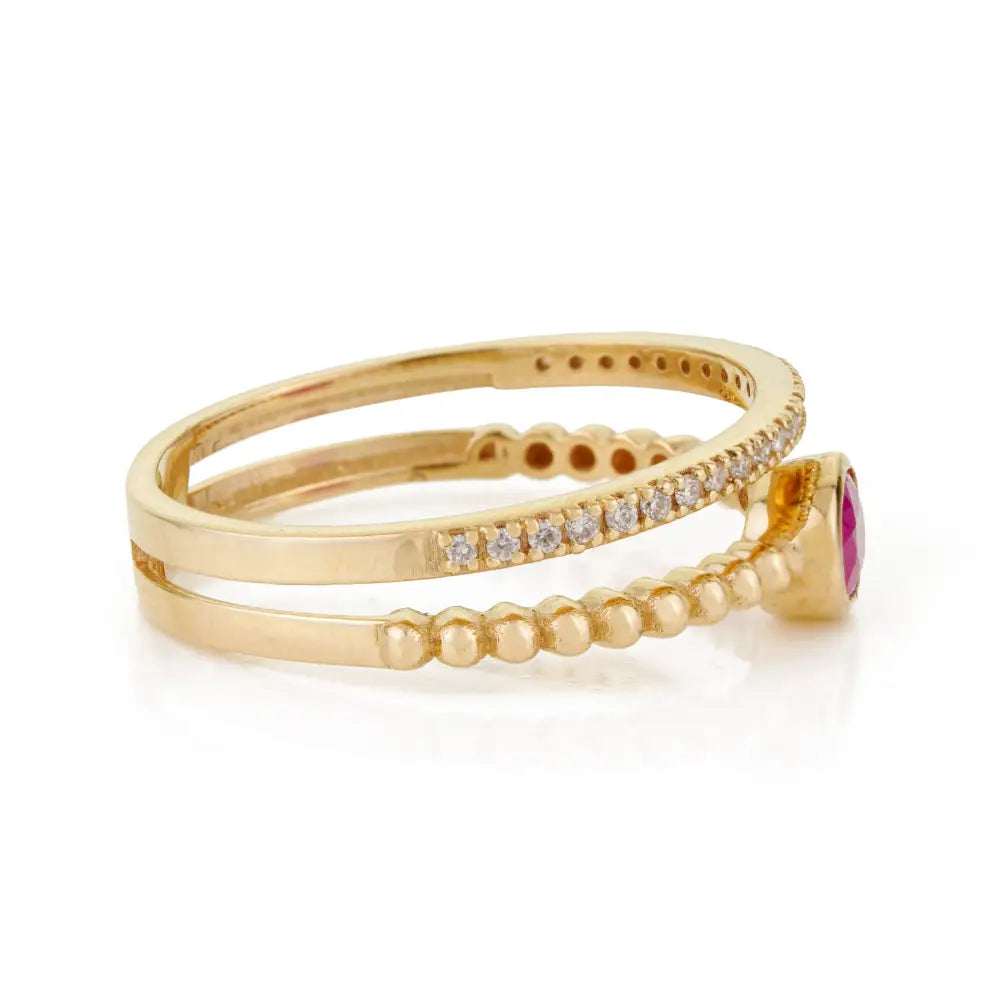 Genuine Ruby & Diamond K14 Real Yellow Gold Double Band Ring Wedding Women Jewelry