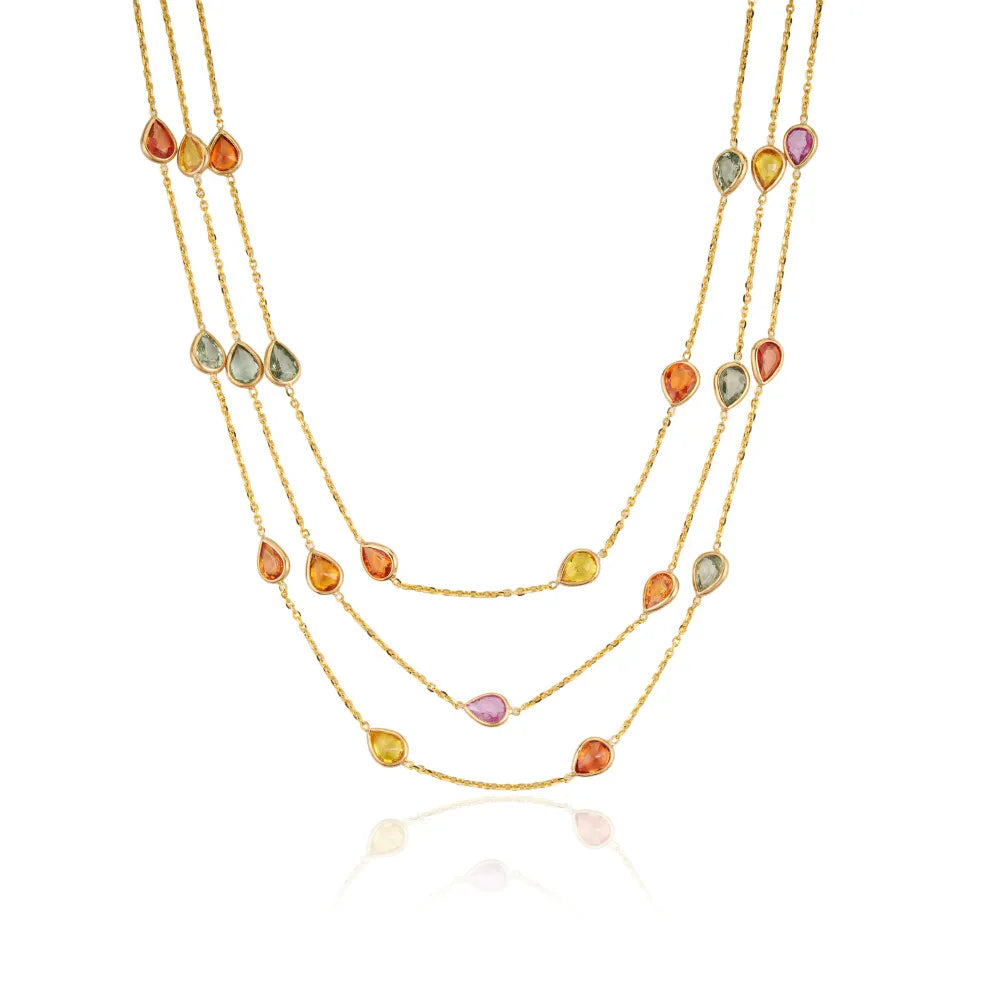 Colorful Gemstone Multi Sapphire Solid K18 Yellow Gold Triple Layer Station Chain Necklace Wedding Jewelry
