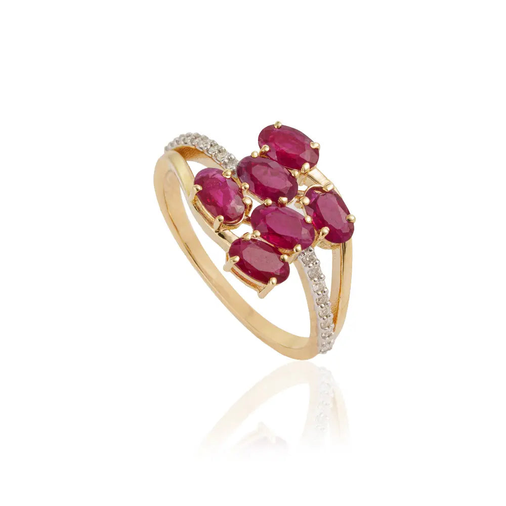 Precious Gemstone Ruby & Diamond Solid K14 Yellow Gold Wedding Ring Custom Jewelry