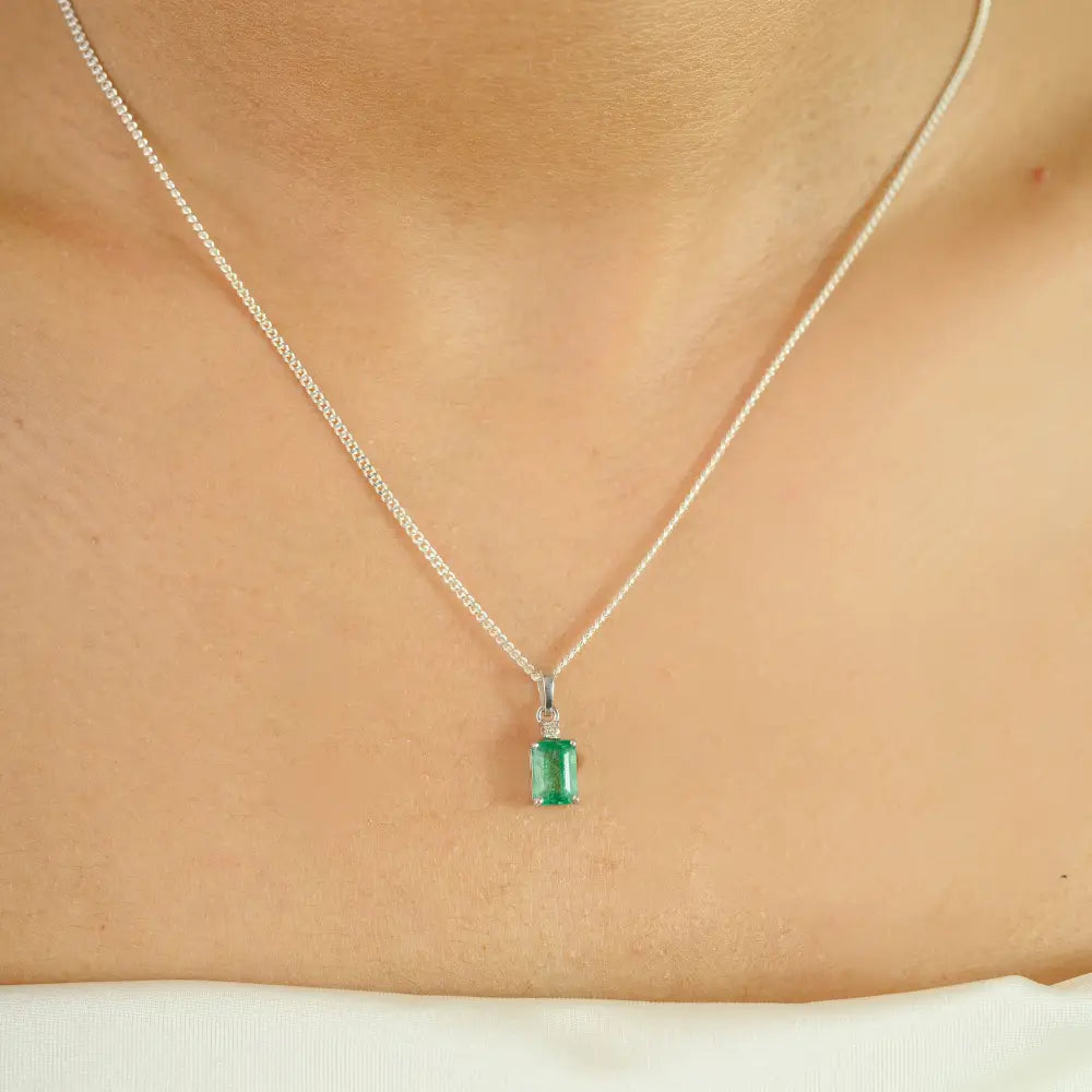 Real 14K White Gold 5x7mm Octagon Cut Emerald & Diamond Minimal Pendant For Unisex