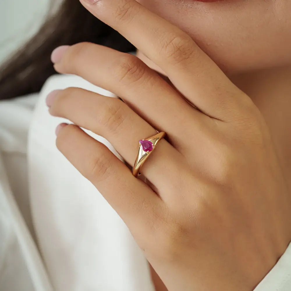 4x6 mm Pear Cut Ruby Gemstone Chunky Ring 14K Yellow Gold Anniversary Gift Jewelry