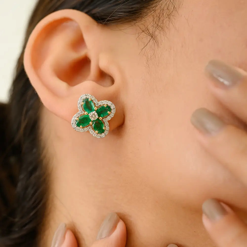 Emerald & Diamond Clover Shape Big Stud Earrings May Birthstone K18 Real Yellow Gold Jewelry