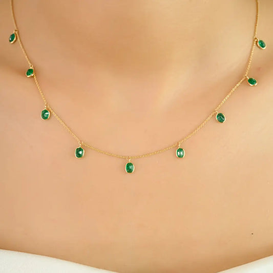 Precious Gemstone Fine 14K Yellow Gold Emerald Charm Necklace Light Weight Jewelry