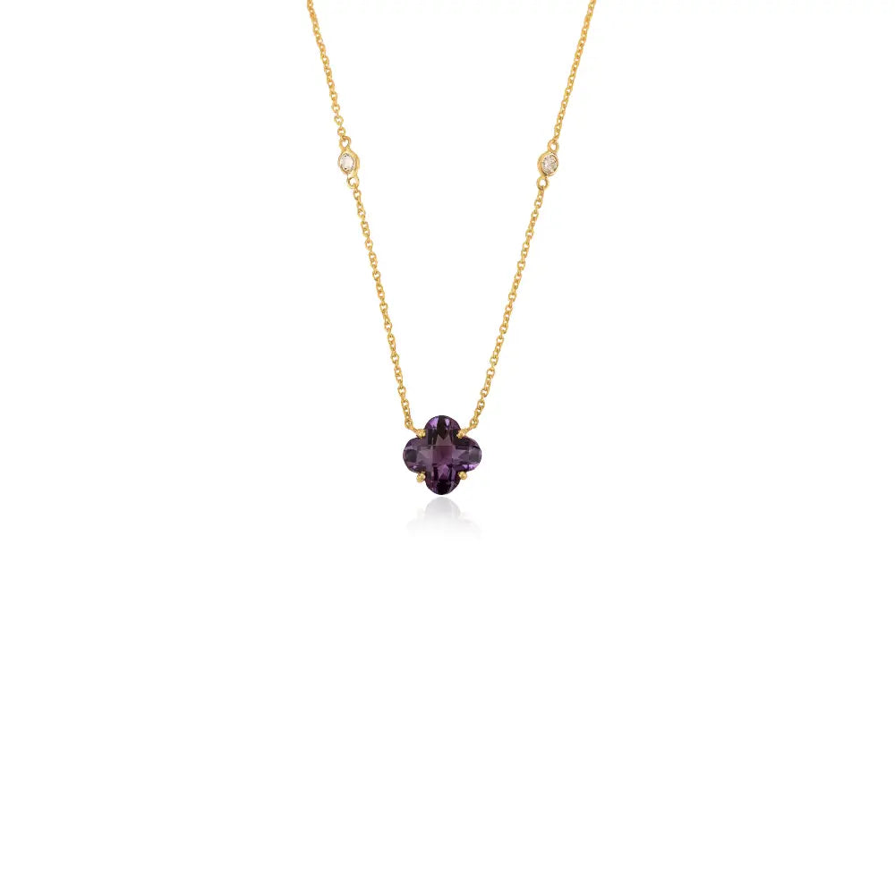 Clover Shape Amethyst & Round Cut Diamond Minimal Stacking Pendant Necklace K14 Gold
