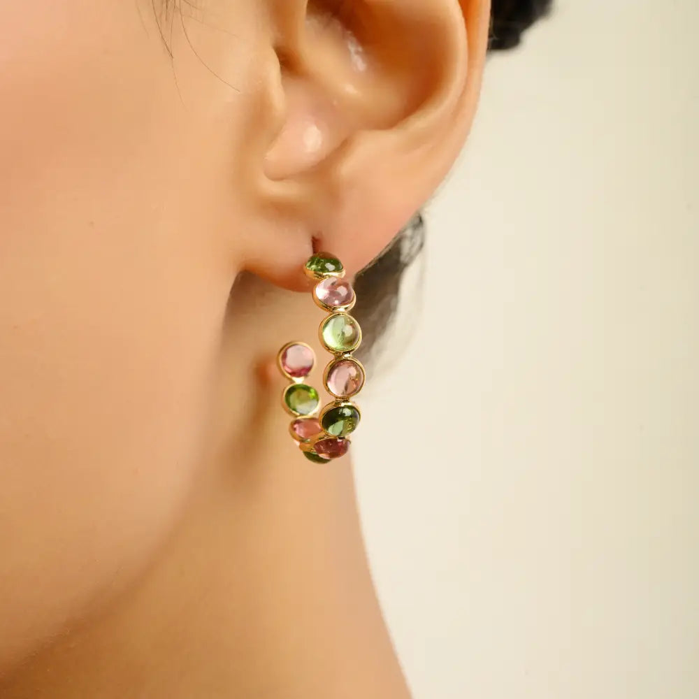 Elegant Jewelry Natural Round Cut Multi Tourmaline C Hoop Earrings 18K Yellow Gold