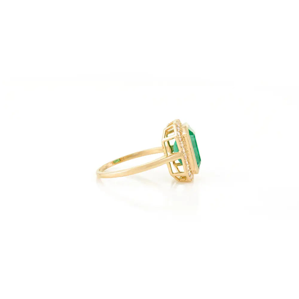 Octagon Cut Emerald & Diamond Halo Statement Ring Real K14 Yellow Gold Precious Jewelry