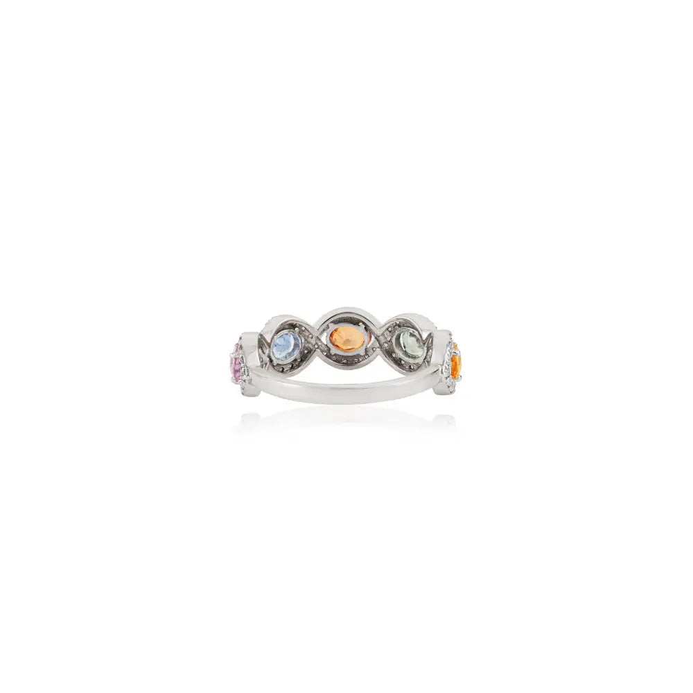 Trendy Design Multi Sapphire & Diamond K14 Real White Gold Halo Half Eternity Band Ring