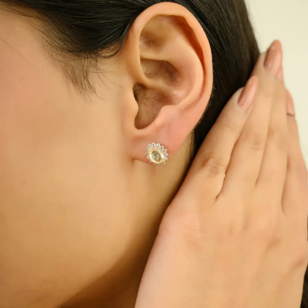 14K Real White Gold Yellow Sapphire & Diamond Women Cluster Stud Earrings Fine Jewelry