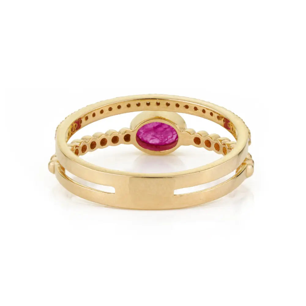 Genuine Ruby & Diamond K14 Real Yellow Gold Double Band Ring Wedding Women Jewelry