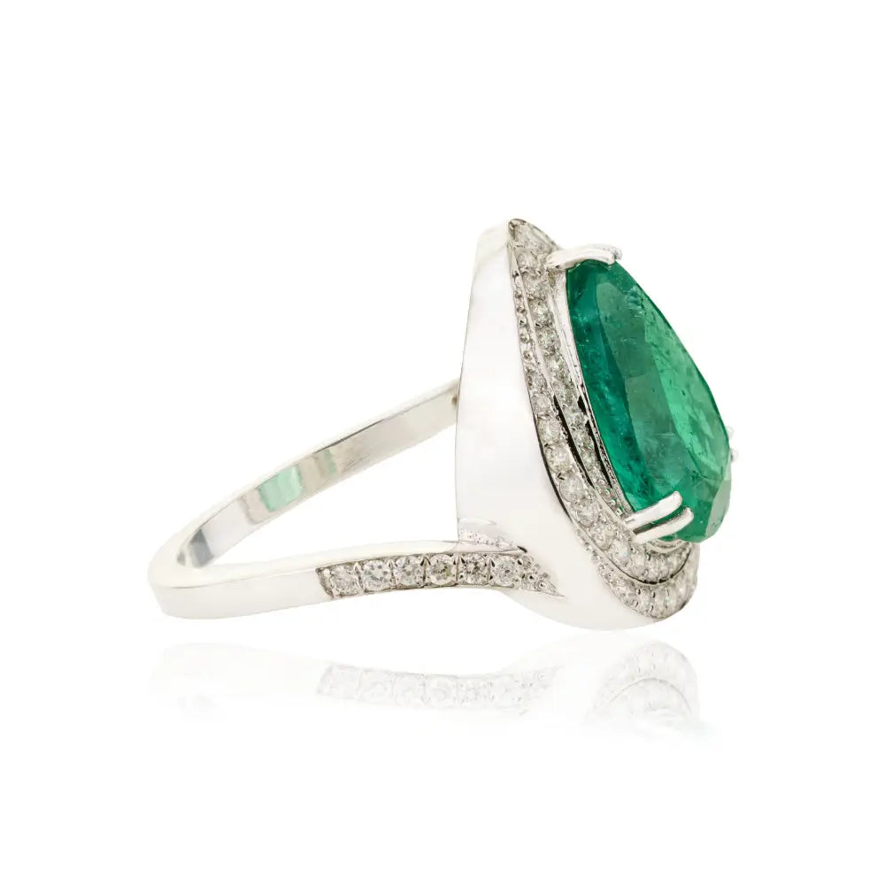 Double Prong Set Emerald & Diamond Cluster Cocktail Ring Wedding 18K White Gold Jewelry