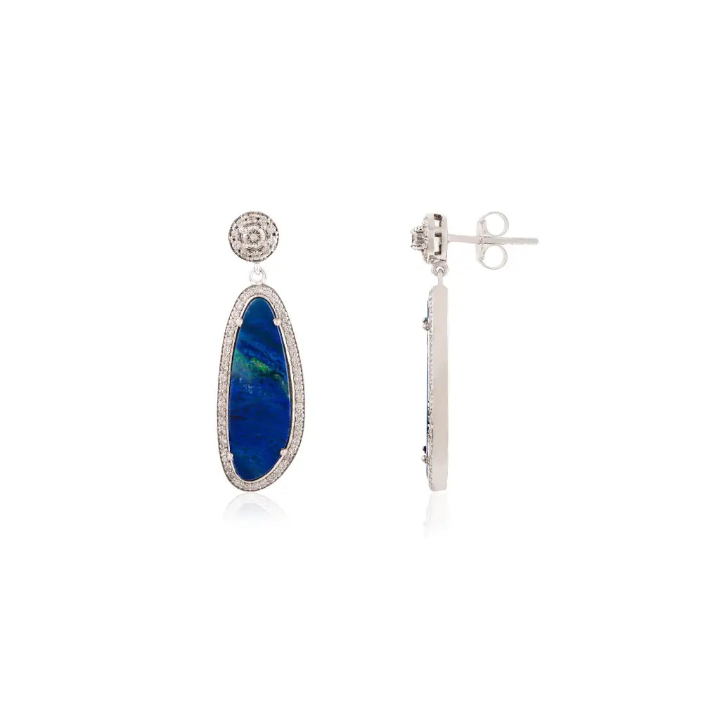 Australian Opal & Diamond 14K Real White Gold Drop Earrings Women Wedding Jewelry