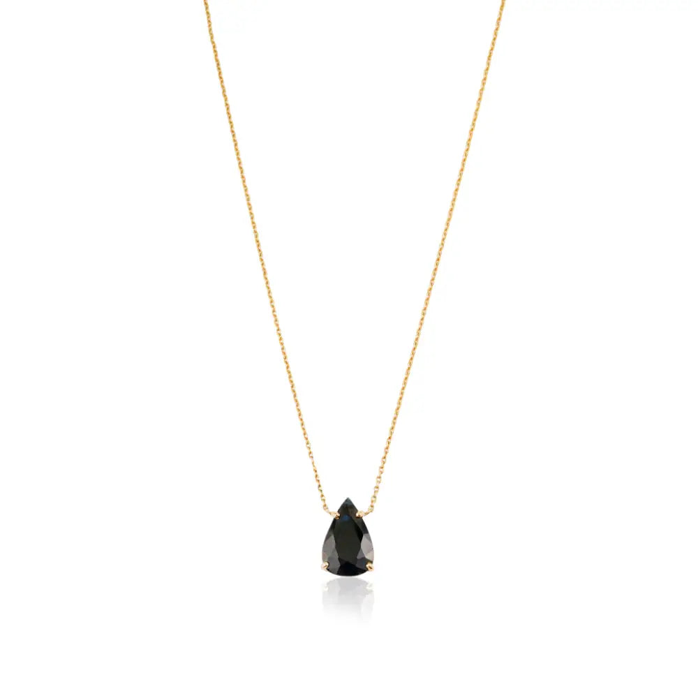 Pure 14K Yellow Gold Pear Cut Black Diamond Solitaire Pendant Necklace Stacking Jewelry