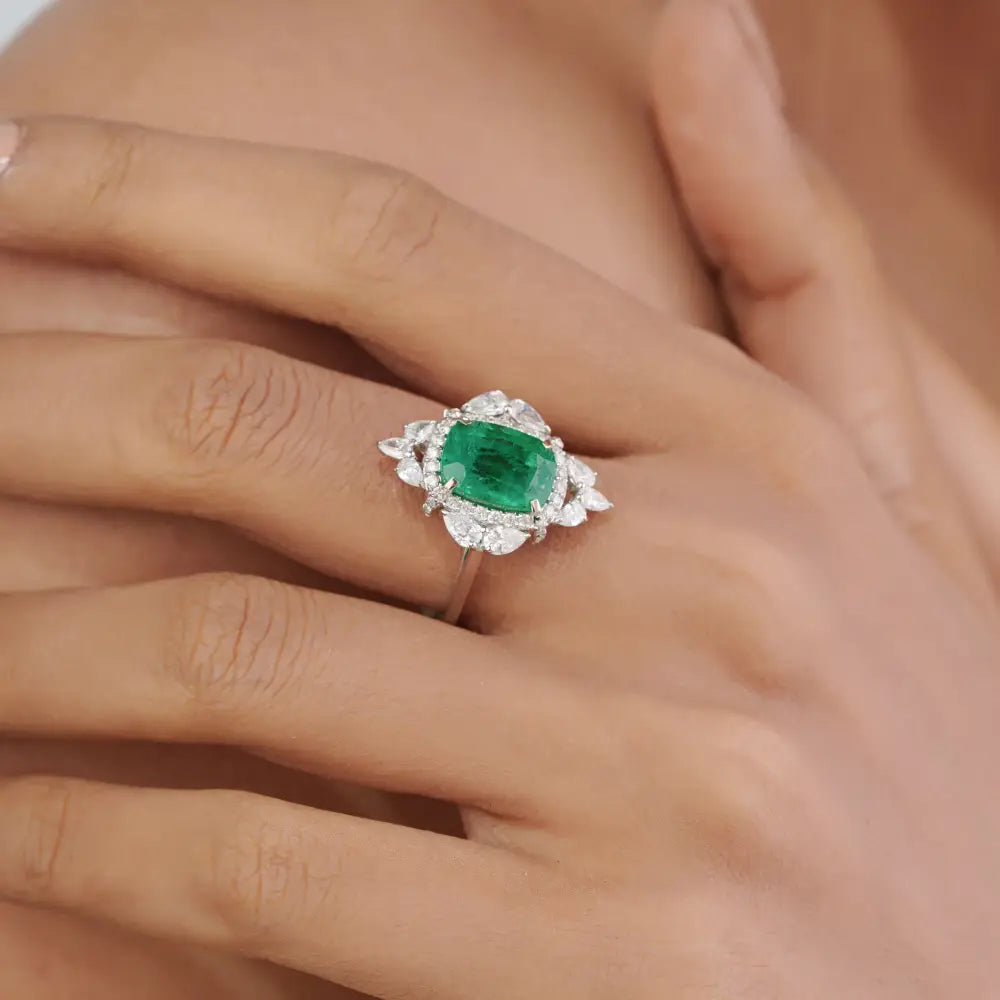 Vintage Inspired 18K Real White Gold Emerald & Diamond Statement Ring For Bridal Jewelry