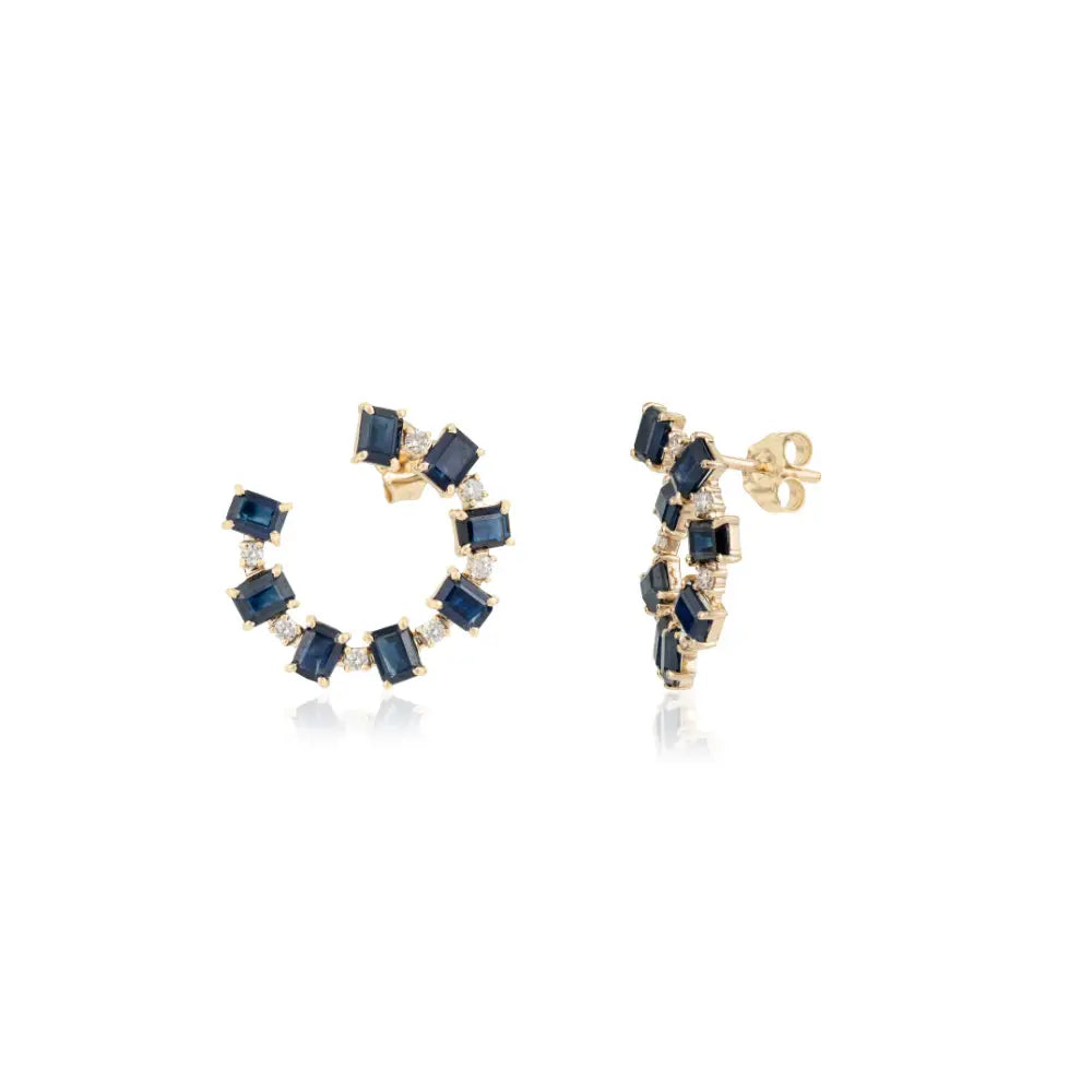 100% Natural Blue Sapphire & Diamond 14K Pure Yellow Gold Open Hoop Push Back Earrings