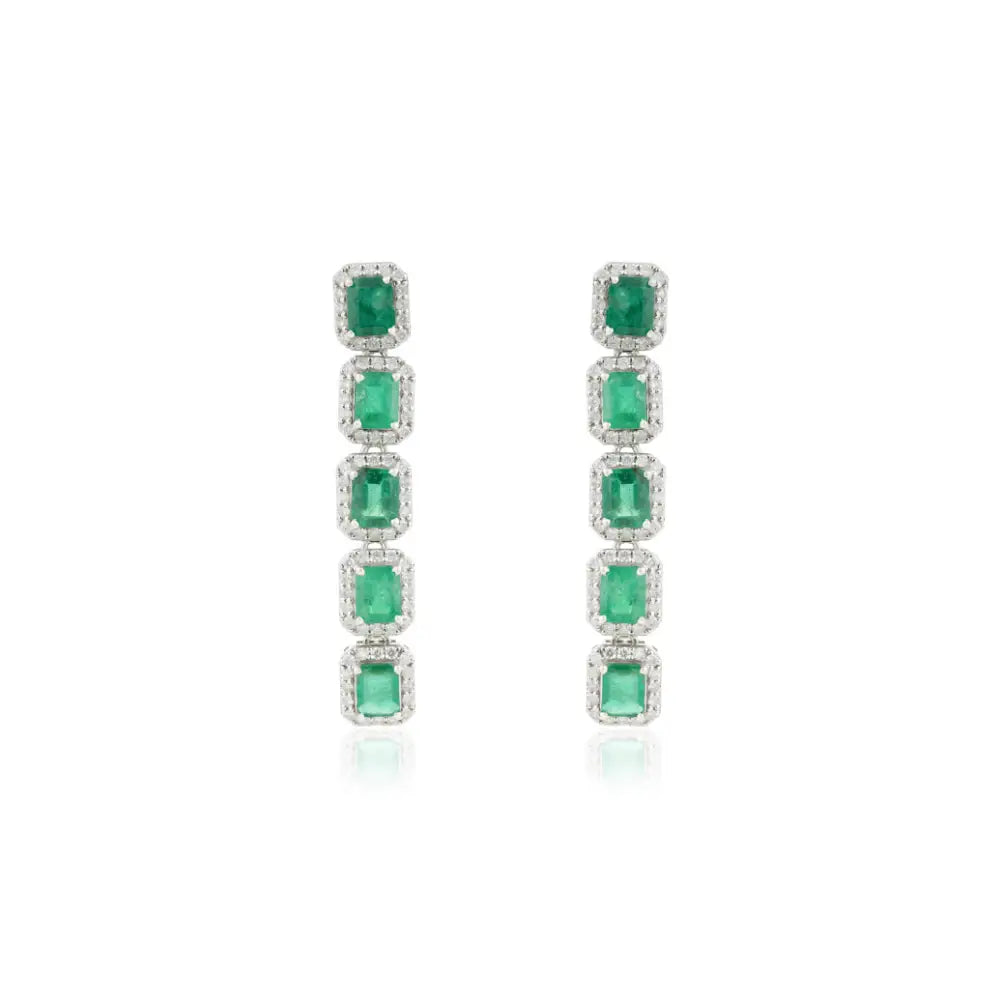 5x4 mm Emerald & Diamond Halo Statement Dangle Earrings 14K Pure White Gold Jewelry