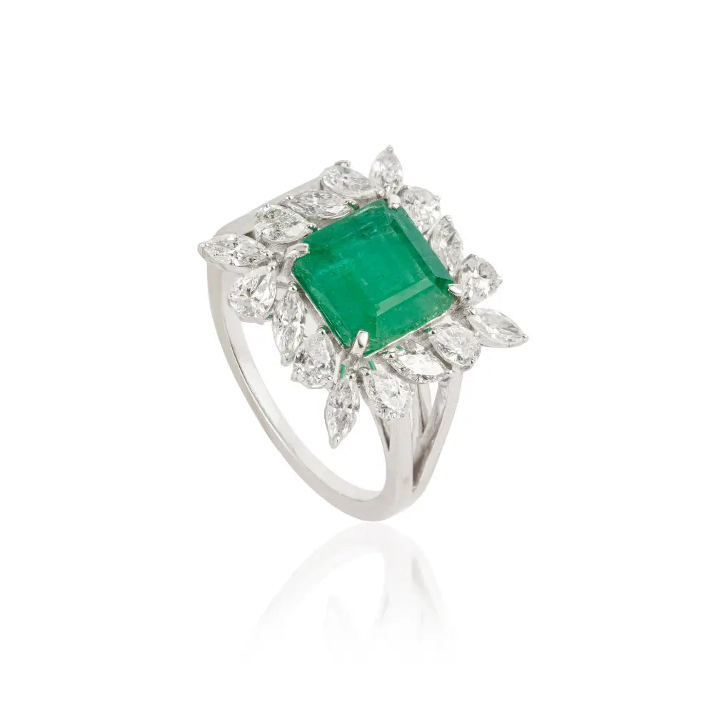Unique Design Square Cut Emerald & Diamond Cocktail Ring Real K18 White Gold Luxury Jewelry
