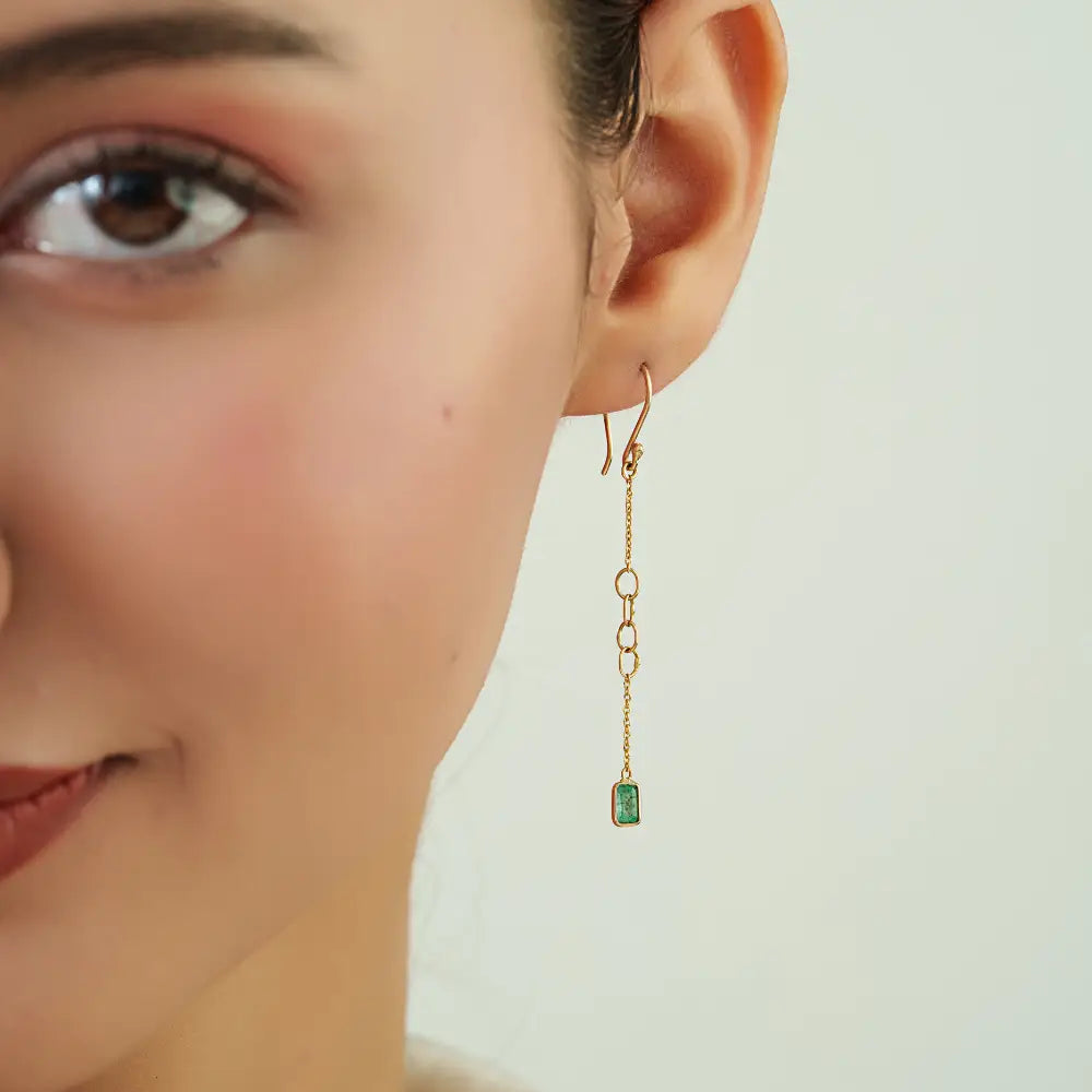 Dainty Simple Design Emerald Link Chain Dangle Earrings Real K14 Yellow Gold Bulk Jewelry