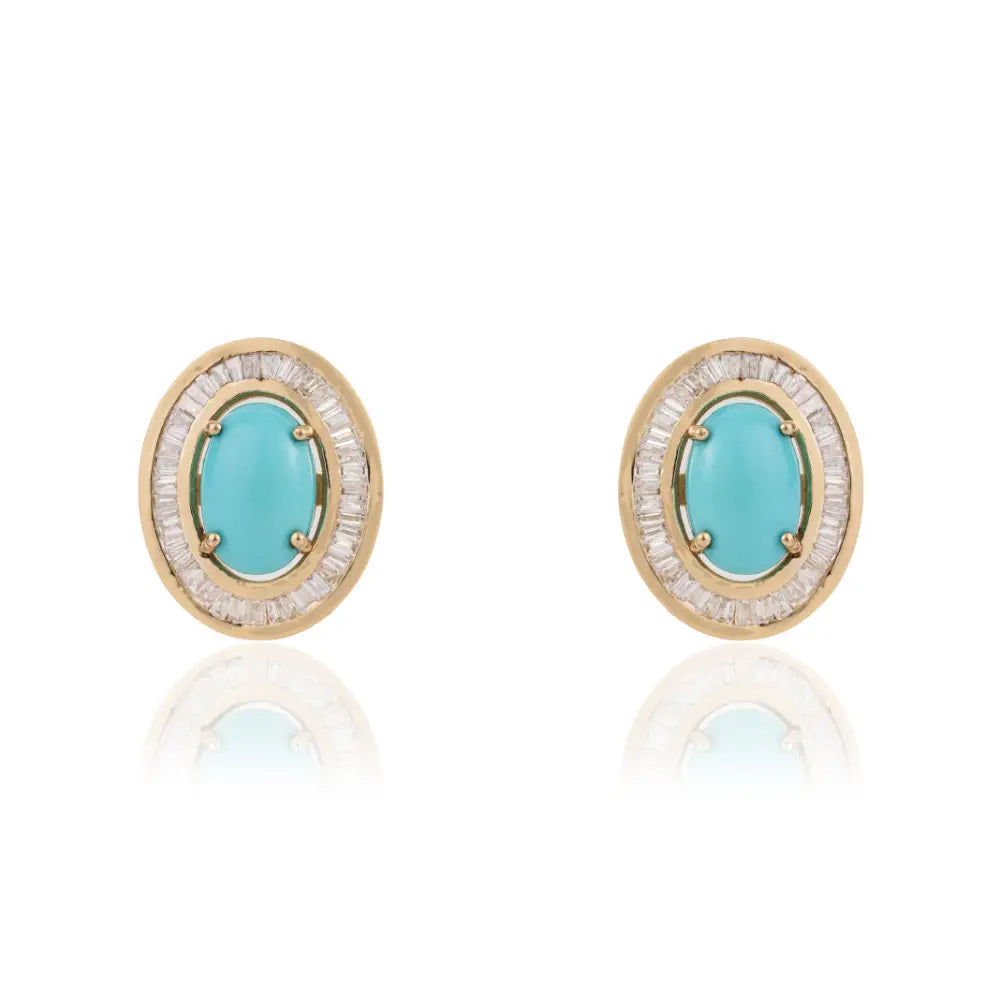Best Seller 14K Real Yellow Gold Turquoise & Diamond Halo Stud Earrings Fine Bulk Jewelry