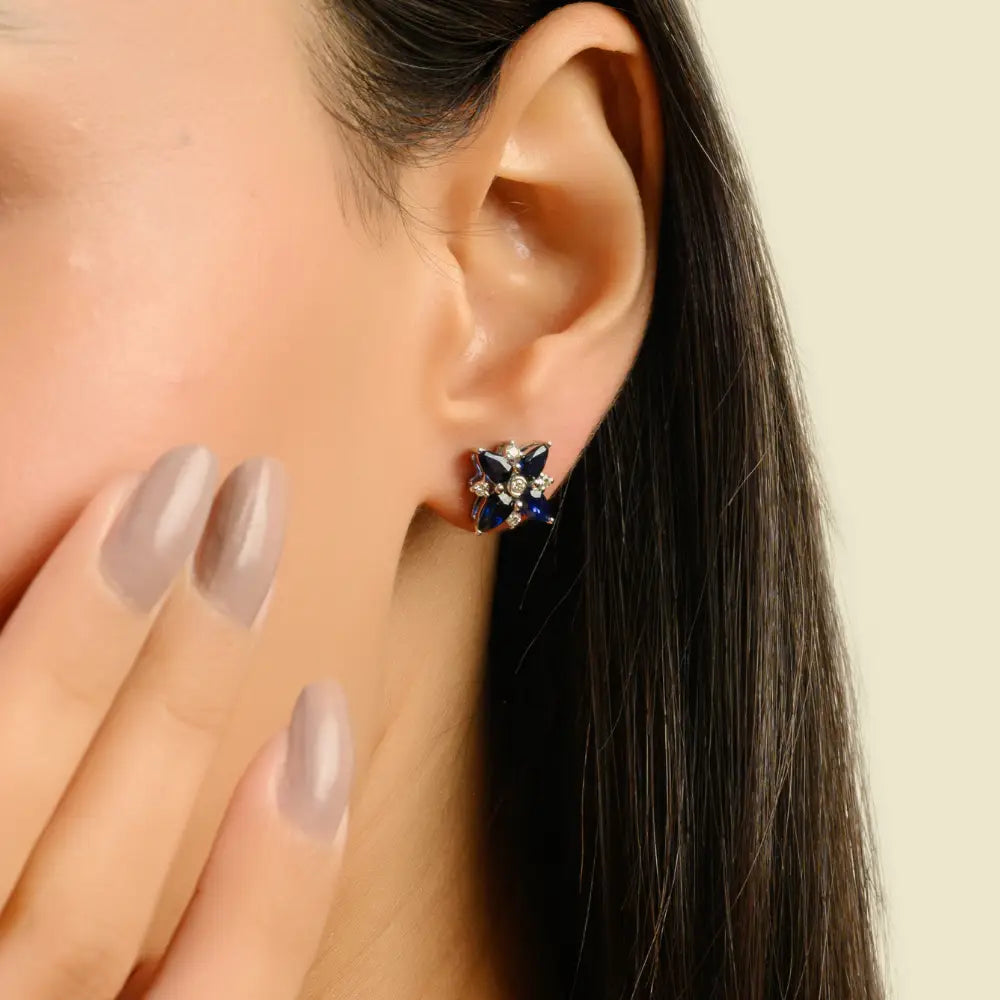 Unique Design 14K White Gold Blue Sapphire & Diamond Flower Stud Earrings For Women