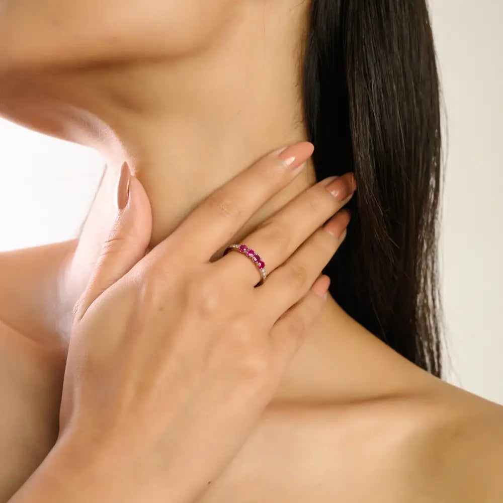 Natural Ruby & Diamond Stackable Band Ring Valentine's Day Gift 14K Pure White Gold Jewelry