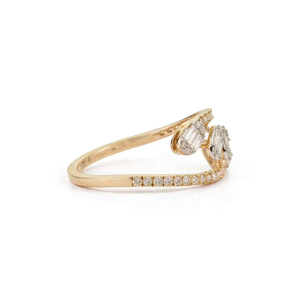Unique Design 14K Pure Yellow Gold Genuine Diamond Bypass Style Statement Ring For Wedding