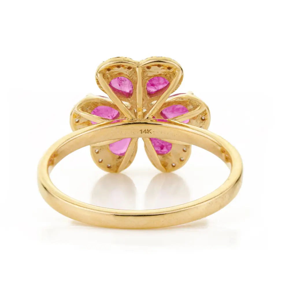 Luxury Ruby & Diamond Flower Shape Cocktail Ring For Wedding Solid 14K Yellow Gold Jewelry