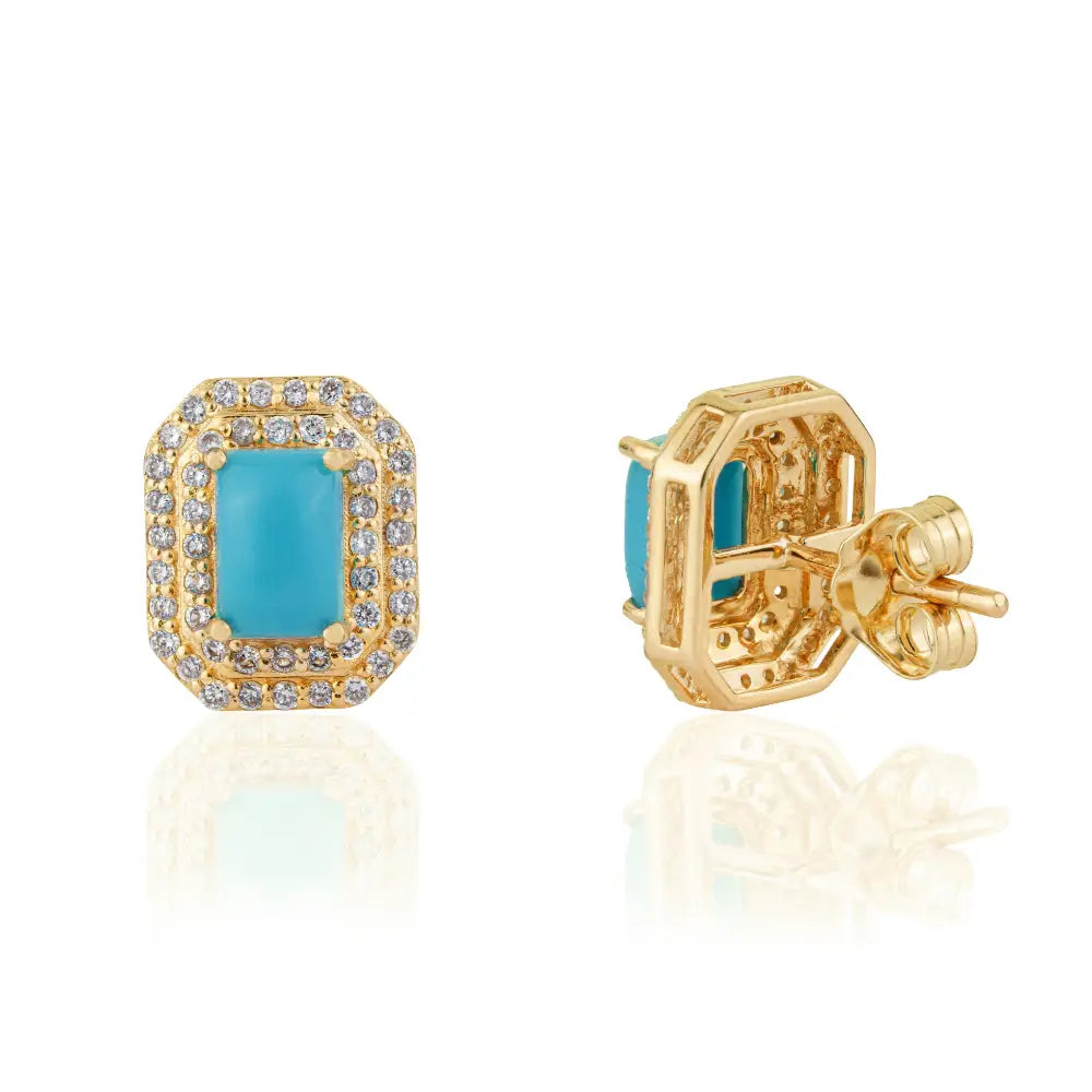 14K Yellow Gold Turquoise & Diamond Double Cluster Stud Earrings For Women Fine Jewelry