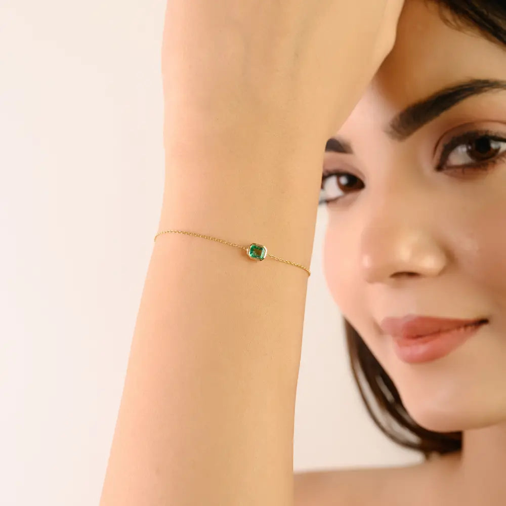 100% Natural Zambian Emerald Single Stone Stacking Bracelet For Daily Wear 14K Real Gold