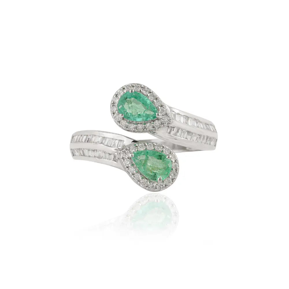 Authentic Emerald & Diamond Statement Bypass Ring Pure 14K White Gold Handmade Jewelry