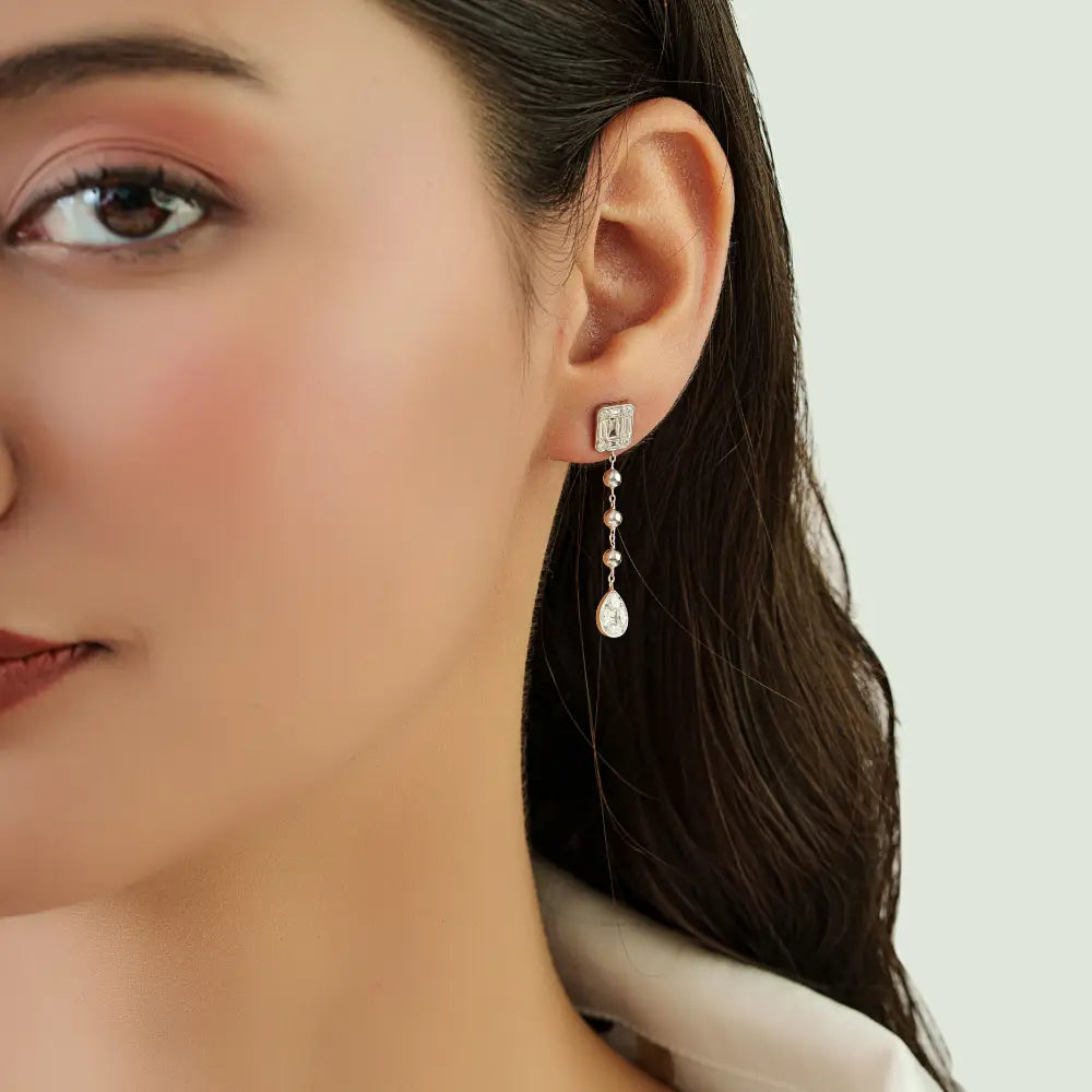 New Style Mixed Cut Diamond Dangle Earrings Real K14 White Gold Sparking Bulk Jewelry