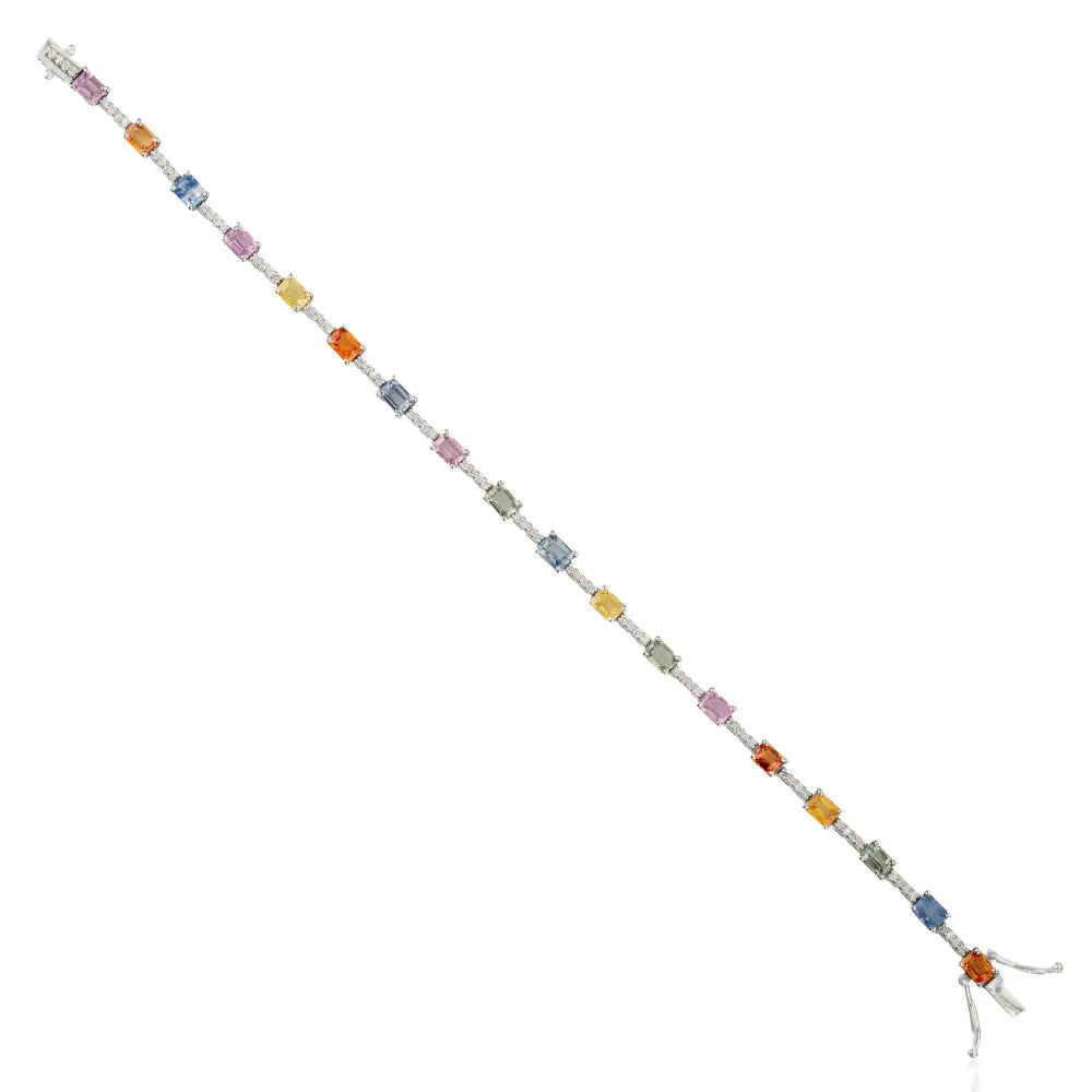 Octagon Shape Multi Sapphire & Round Cut Diamond K14 White Gold Sleek Tennis Bracelet