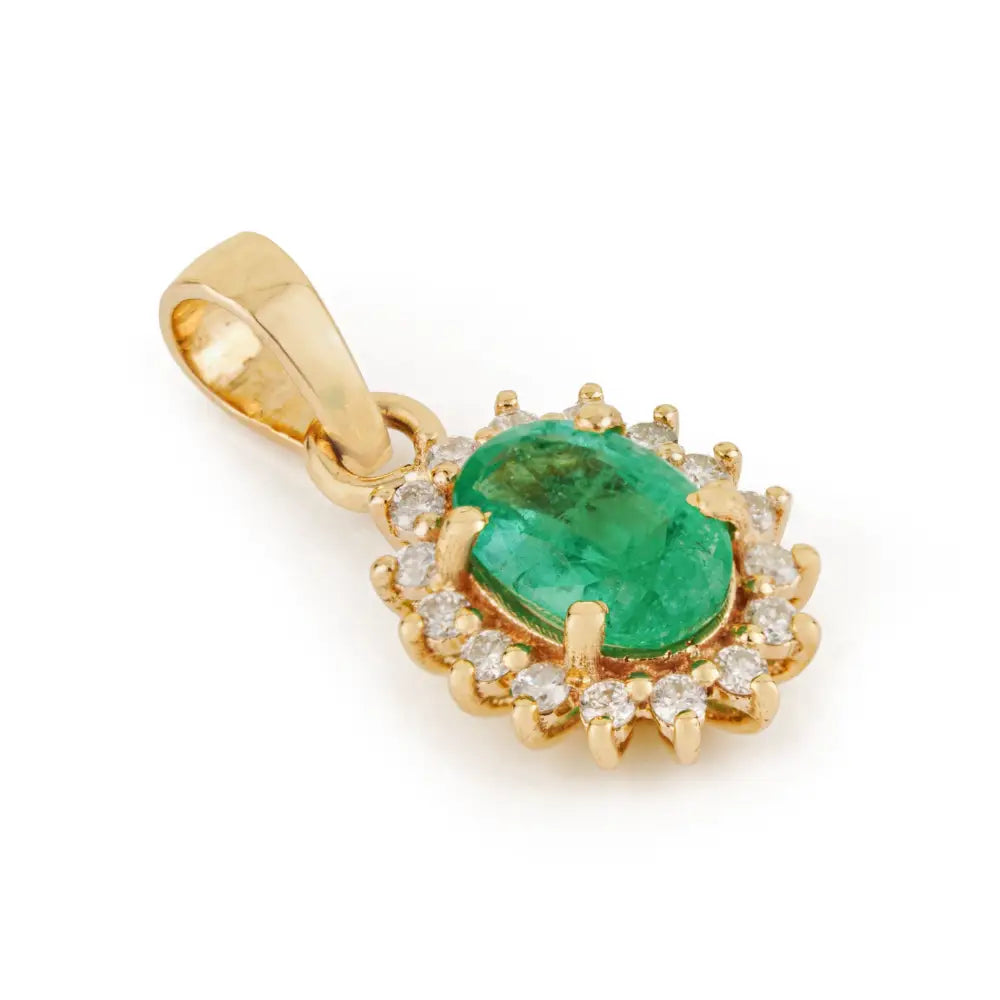 Handmade 14K Yellow Gold Emerald & Diamond Cluster Pendant Small Daily Wear Jewelry