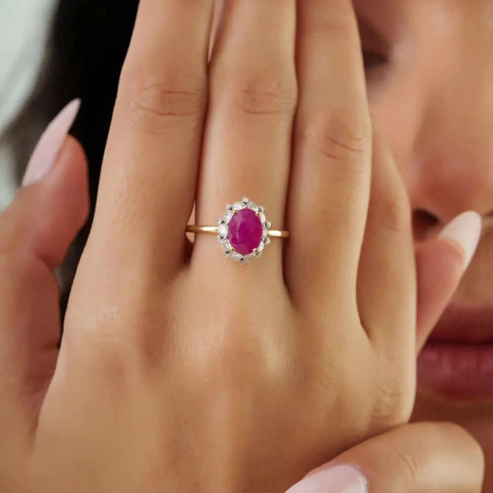 Solid 14K Yellow Gold Ruby & Diamond Cluster Engagement Ring Valentine's Day Bulk Jewelry