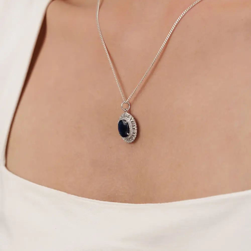 Fine Customized Solid K14 White Gold Blue Sapphire & Diamond Cluster Pendant For Wedding
