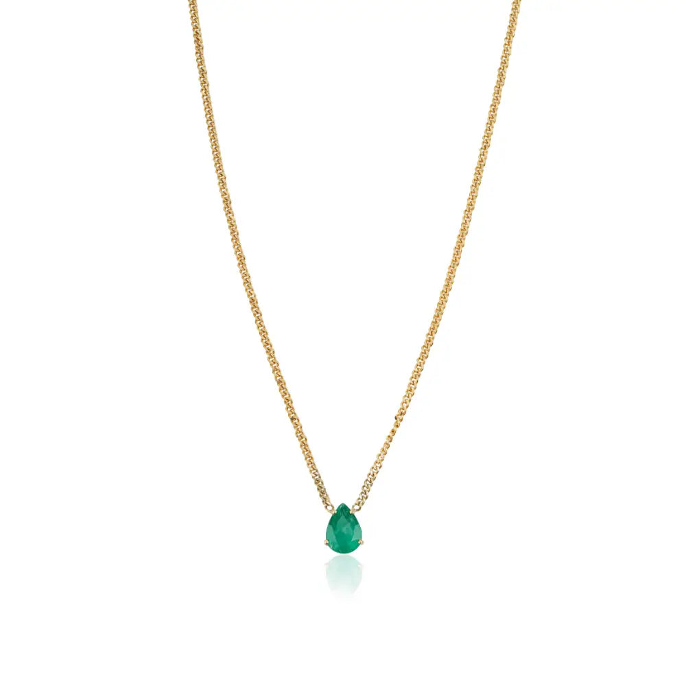 Handmade Natural Emerald Miami Cuban Chain Single Stone Pendant Necklace K14 Yellow Gold
