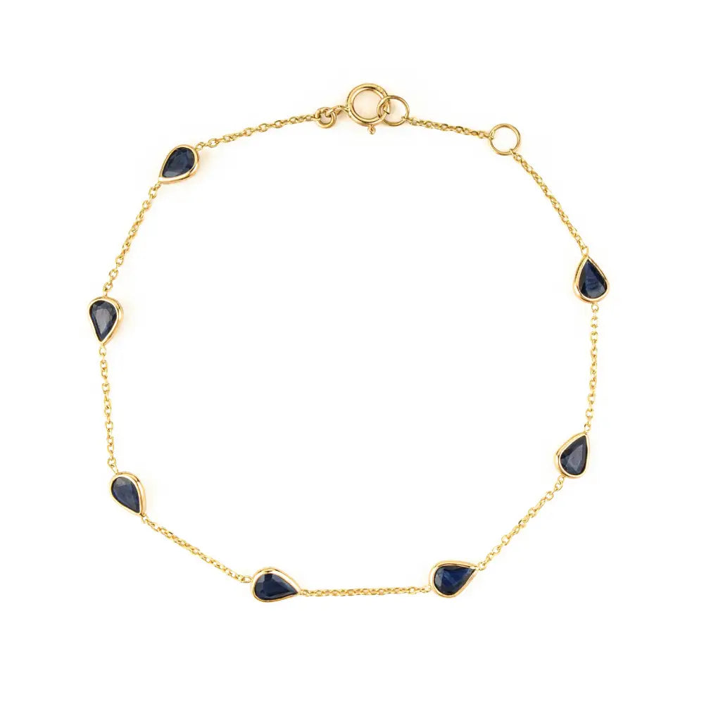 Delicate Simple Design Blue Sapphire Minimal Stacking Station Chain Bracelet 14K Yellow Gold