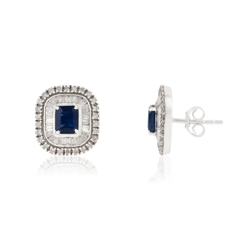 Gorgeous Blue Sapphire & Diamond Double Cluster Stud Earrings 14K Solid White Gold Jewelry