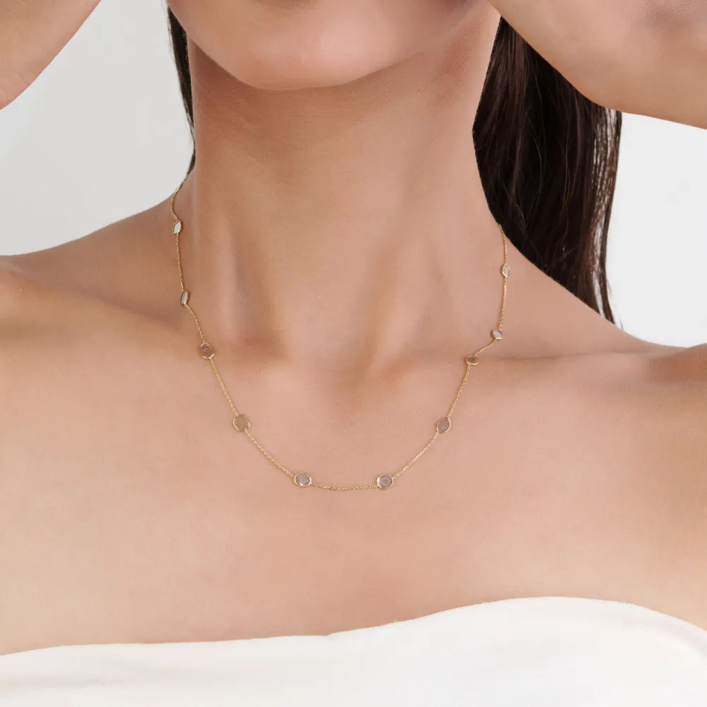 Uneven Cut Natural Polki Diamond K14 Yellow Gold Station Necklace Fine Everyday Jewelry Manufacturer