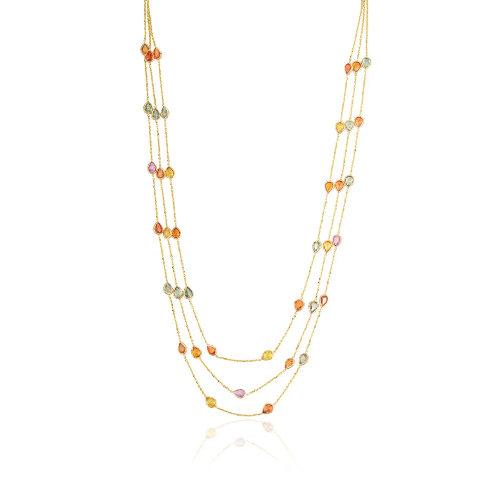 Colorful Gemstone Multi Sapphire Solid K18 Yellow Gold Triple Layer Station Chain Necklace Wedding Jewelry