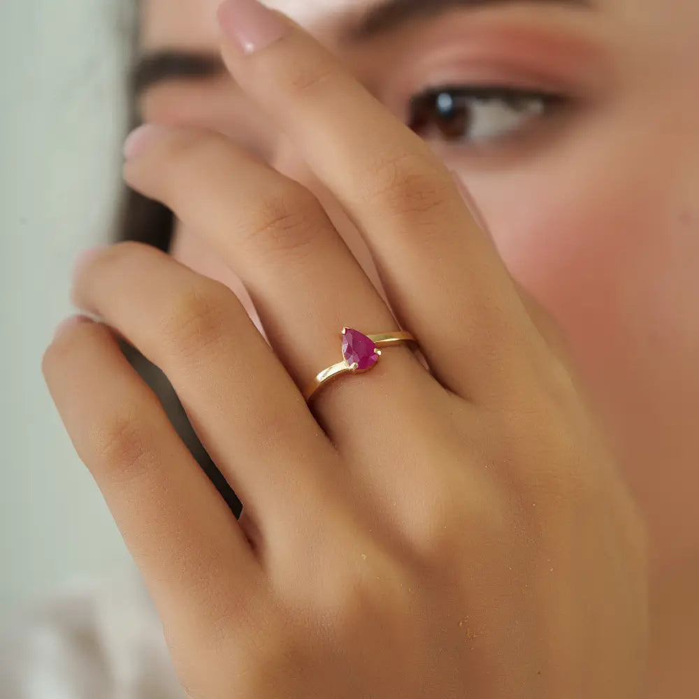 Pear Shape Ruby Single Stone Ring Solid K14 Yellow Gold Customized Elegant Jewelry