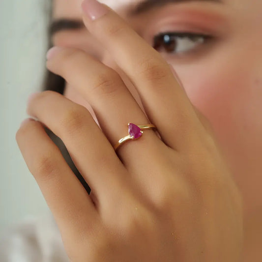 Pear Shape Ruby Single Stone Ring Solid K14 Yellow Gold Customized Elegant Jewelry