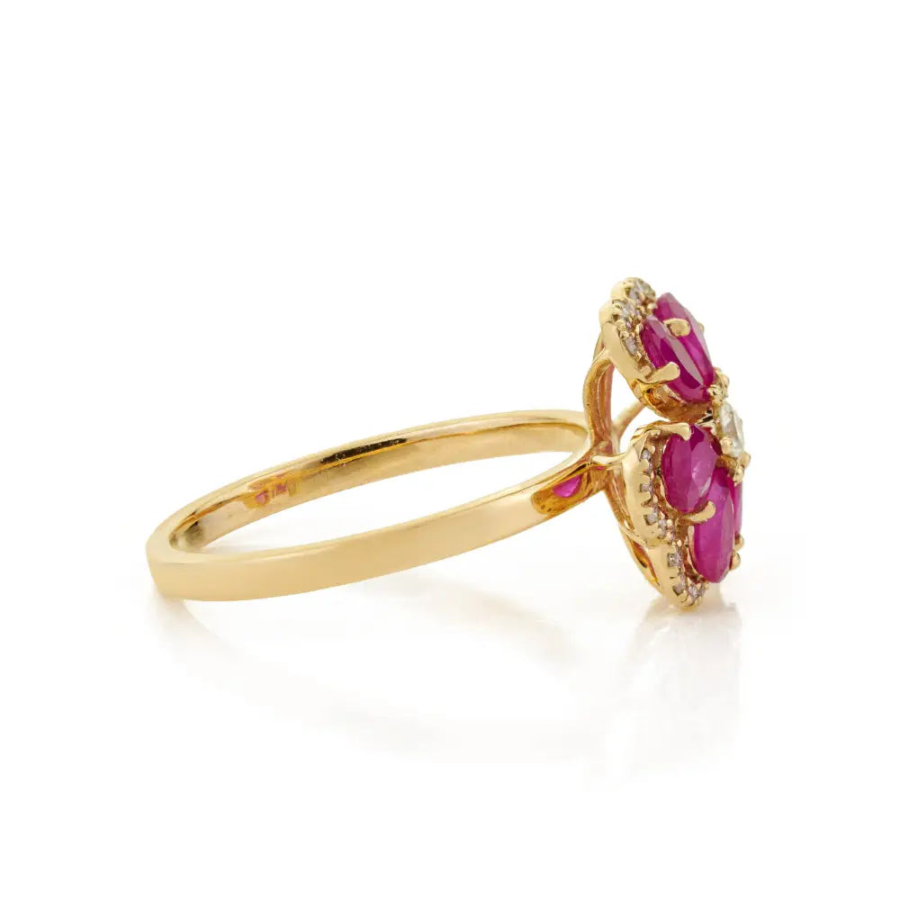 Luxury Ruby & Diamond Flower Shape Cocktail Ring For Wedding Solid 14K Yellow Gold Jewelry