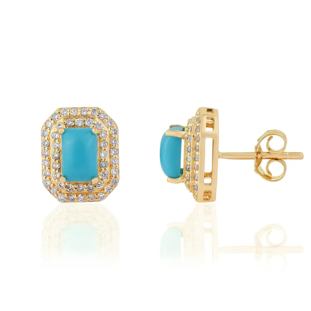 14K Yellow Gold Turquoise & Diamond Double Cluster Stud Earrings For Women Fine Jewelry