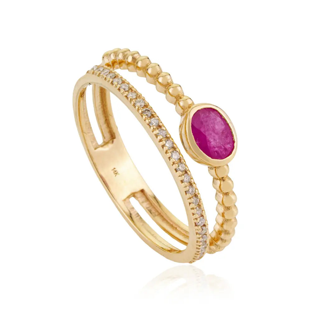 Genuine Ruby & Diamond K14 Real Yellow Gold Double Band Ring Wedding Women Jewelry