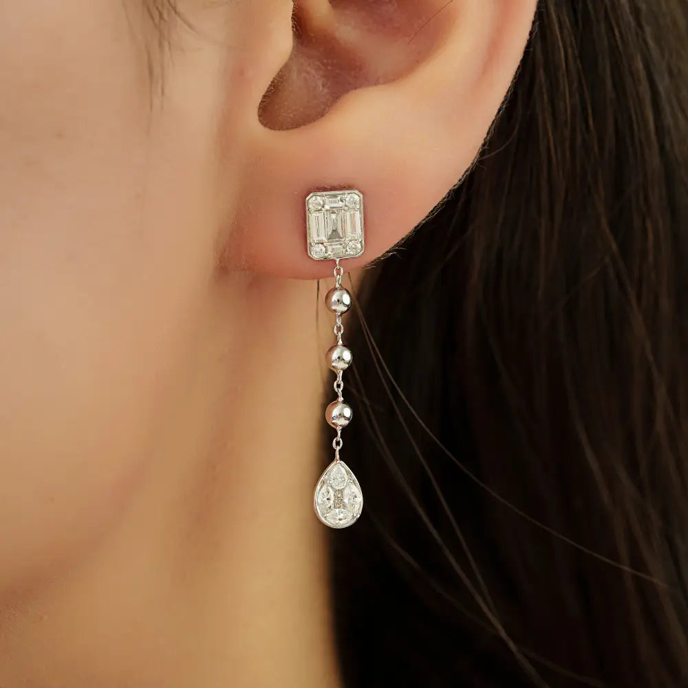New Style Mixed Cut Diamond Dangle Earrings Real K14 White Gold Sparking Bulk Jewelry